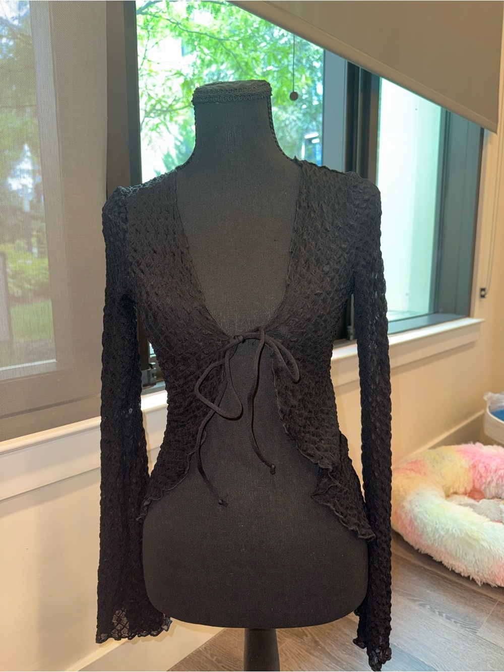 SHEIN Black Crochet Tie-Front Long Sleeve Top